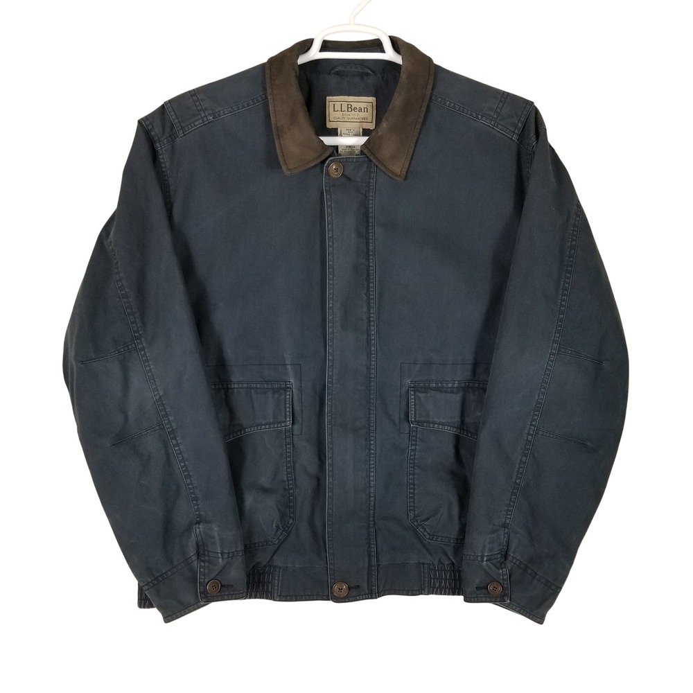 VTG LL Bean Canvas Jacket Mens XL Navy Blue Leather Collar Workwear Field Coat
